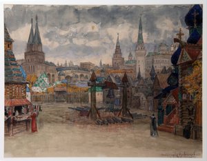 La place des strelets - Modeste Moussorgski (1839-1881) によるオペラ「La Khovanshchina」の装飾 - M. Musorgsky によるオペラ Khovanshchina の Strelets ヤード、舞台デザイン - Appolinari Mikhaylovich Vasnetsov (1856-1933) による作品)、パピに水彩 作： Apollinari Mikhailovich Vasnetsov