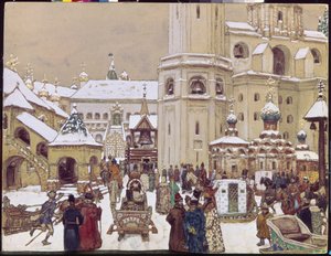 17世紀、クレムリンにイヴァン・ル・グランドを配置。 （大聖堂広場、モスクワ）。 Appolinari Mikhaylovich Vasnetsov (1856-1933) の作品、紙に鉛筆、水彩