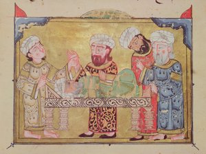 医師は彼の患者を訪問し、アル・ハリリによるザ・マカマットの場面（ベラムのガッシュ） 作： Arabic School