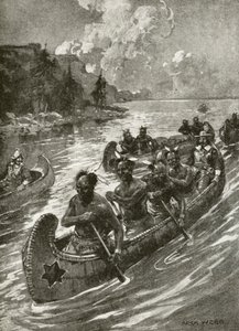 1608年、Samuel De Champlainが、友好的なアメリカ先住民のカヌーに乗ってセントローレンス川を遡上した様子（リトグラフ 作： Archibald Bertram (after) Webb