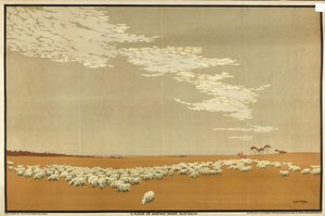 メリノ羊の群れ-オーストラリア、「オーストラリアの豊かな小麦と羊毛」シリーズより（カラーリトグラフ） 作： Archibald Bertram Webb