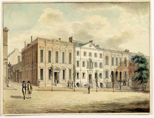 1798年ニューヨーク市、ウォールストリートとウィリアムストリートの北東の角（トイレと紙にインク） 作： Archibald Robertson