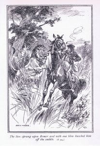 ライオンがレーマーに飛びつき、1打撃で1900年代にサドルから打ち倒されました。 作： Archibald Webb