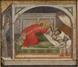両親を殺した聖ユリアン」スピネッロ、アレティーノ（1350年頃～1410年）作。木に油彩。寸法：34x39 cm。ストックホルム国立博物館