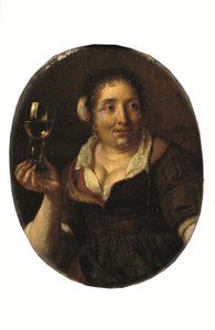 ワイングラスを持つ農婦（油彩・パネル） 作： Arie de Vois