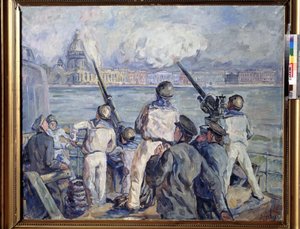 La defence de Sebastopol (セヴァストポリの防衛)。 第二次世界大戦のエピソード (1939-1945): 船員がドイツの包囲者 (包囲 1941-1942) を機関銃で撃つロシアの軍艦からのクリミアの街のパノラマ。 アリスタの絵画 作： Aristarkh Vasilievic Lentulov