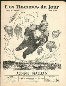 Les Hommes du jour "の表紙、1905年頃 - Aristide Delannoy（1874-1911）によるイラスト。気球 - クレマンソー・ジョルジュ、ジャウル・ジャン、ファリエール・アルマン（1841-1931）、モージャン・アドルフ（1853-1914 作： Aristide Delannoy