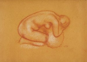 頭を両手で支え、右向きのひざまずいたモデル 作： Aristide Maillol