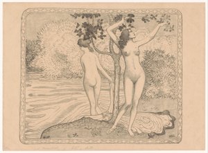 水辺の木の下で水浴びをする 2 人の女性 Deux baignuses nues sous un arbre au bord de l