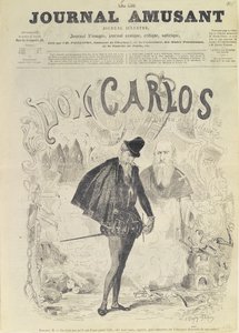 ジュゼッペヴェルディ（1813-1901）のオペラ「ドンカルロス」からのドンカルロスの風刺画を含む「ルジャーナルアミューザント」のフロントページ：
