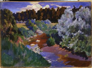 川のある風景。 Arkadi (Arkady) Alexandrovich Rylov (1870-1939) による絵画、キャンバスに油彩。 19世紀後半から20世紀初頭のロシア美術。 国立ロシア美術館、サンクトペテルブルク。 作： Arkadij Aleksandrovic Rylov