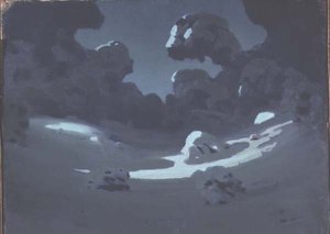 月が森の中の空き地を照らす（油彩・紙）