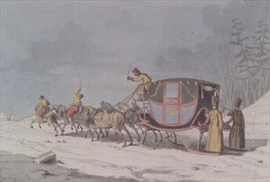 ソリに乗った馬と馬車（「ロシア人の風俗と習慣」より 作： Armand Gustave Houbigant