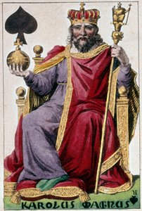 シャルルマーニュ（シャルル1世、シャルル大帝742-814年）を表現したもの。Gustave Houbigant (1789-1862) 19世紀パリ B.N.製プレイカードのディテール。