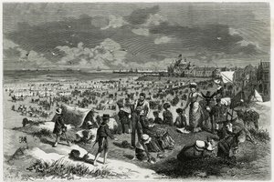 オステンドの浜辺。作家・美術評論家のカミーユ・レモニエ（1844-1913）の物語「ベルギー」の挿絵として、A.Heinsが描いたもの。Tour du monde new journal des voyagesに掲載。