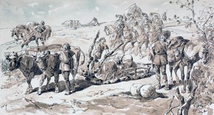 岩を積んだ原始的なそりを描く牛1886 作： Armand Jean Heins