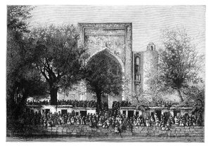 1895年、ウズベキスタンのブハラのモスク前の集会。 作： Armand Kohl