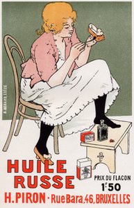 ライフスタイルファッショ。ロシアの油、靴の修理。アルマン・ラッセンフォッセのポスター、ベルギー、1895年頃（ポスター 作： Armand Rassenfosse