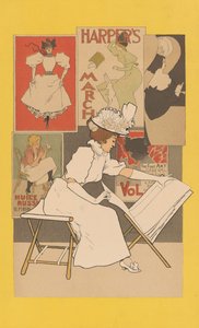 版画を見るスタンドに座った女性、1897年 作： Armand Rassenfosse