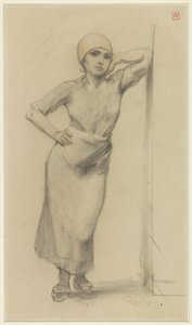 ドア枠にもたれて立っている工場の女の子 作： Armand Rassenfosse