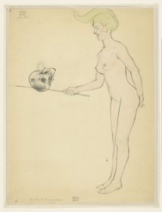 棒と頭蓋骨で立っている裸の女性 作： Armand Rassenfosse