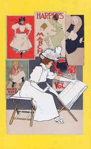 アートショップでプリントを見る女性 作： Armand Rassenfosse