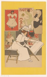 座った女性がプリント スタンドでプリントを見ている 作： Armand Rassenfosse