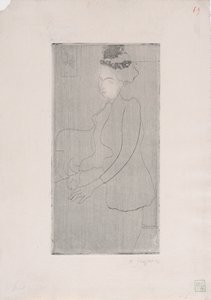 Femme assise avec chapeau a plumes (羽毛のついた帽子をかぶった着席の女性) c.1893 (エッチング) 作： Armand Séguin