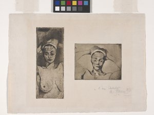 両手を頭の後ろに置いたヌード、垂直（左の画像）。 頭の後ろで手を組む裸体・横向き（右画像）（エッチング・アクアティント）