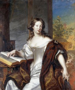 白いドレスと毛皮の裏地付きのケープを着た、七分丈の女性の肖像、169- 作： Arnold Boonen