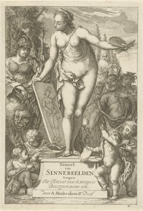 台座絵の擬人化 タイトルプリント: Toneel van sinnebedden, second part 画家、画像保持者などのサービスのために開かれたジンネベルデンのシーン (オブジェクトのシリーズ タイトル)