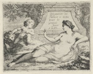 サテュロスに狙われたヴィーナス Ordonnances des tableaux a mettre devant les Gemineés (オブジェクトのタイトル) 画家、彫刻家などの奉仕に開かれた罪のシーン（シリーズタイトル） 作： Arnold Houbraken