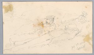 キャッツキルヒルサイドで休む男性 作： Arnold William Brunner