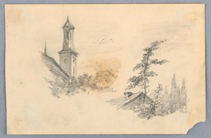 教会の塔と屋上のスケッチ 作： Arnold William Brunner