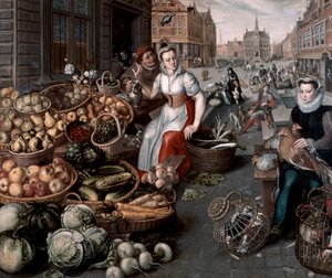 果物や野菜を売る女性、1590年頃