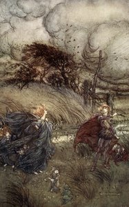 そして今、二人は木立や緑の中で、清らかな泉や輝く星の光の中で出会うことはない。しかし、二人の間には四角いものがある。ウィリアム・シェイクスピアの「真夏の夜の夢」からの挿絵 作： Arthur (after) Rackham