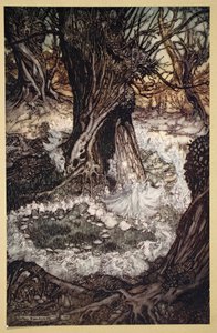 ウィリアム・シェイクスピアの「真夏の夜の夢」からの挿絵「さあ、今度は丸くなって」。 作： Arthur (after) Rackham