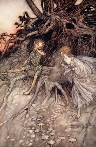 ウィリアム・シェイクスピアの「真夏の夜の夢」の挿絵「私は夜の陽気な放浪者だ 作： Arthur (after) Rackham