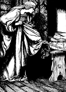 アーサー王の剣を盗むモーガン・ル・フェイ 作： Arthur (after) Rackham