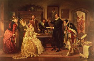 ウィリアムギルバート博士（1544-1603）がエリザベス女王1世と彼女の宮廷に彼の電気実験を19世紀に展示（詳細99460を参照） 作： Arthur Ackland Hunt