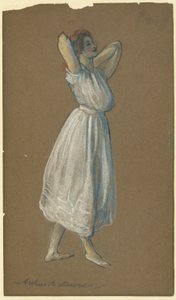 手を頭の後ろに組んで立っている女性 作： Arthur B. Davies