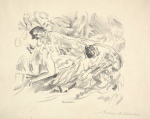 風景の中の2人の女性像（紙に鉛筆） 作： Arthur Bowen Davies