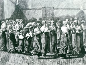 ミーティングでのシェーカー：宗教舞踊、イラスト、グラフィック、1870年5月14日公開 作： Arthur Boyd Houghton