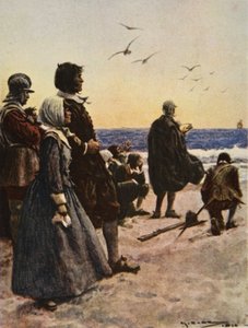 メイフラワー号の出発、H.E. 作「この国、アメリカ合衆国の物語」よりイラスト マーシャル 作： Arthur C. (after) Michael