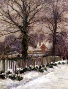 雪に覆われた小道、ラドレット、ハートフォードシャー (キャンバスに油彩) 作： Arthur Claude Cooke