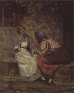 スキャンダル、コテージの外でうわさ話をしている二人の女の子 作： Arthur Claude Cooke