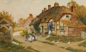 村のコテージの外で遊ぶ子供たち 作： Arthur Claude Strachan