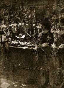 ストラフォードは下院で彼の剣を配りました。ハッチンソンの「イギリス国民の物語」のイラスト、1920年頃 作： Arthur David McCormick