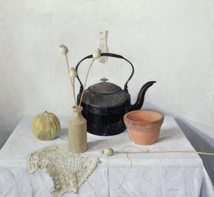 ケトル、ポピーヘッドとひょうたん、静物、1990 作： Arthur Easton