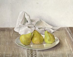皿の上の3つの梨、静物、1990年 作： Arthur Easton